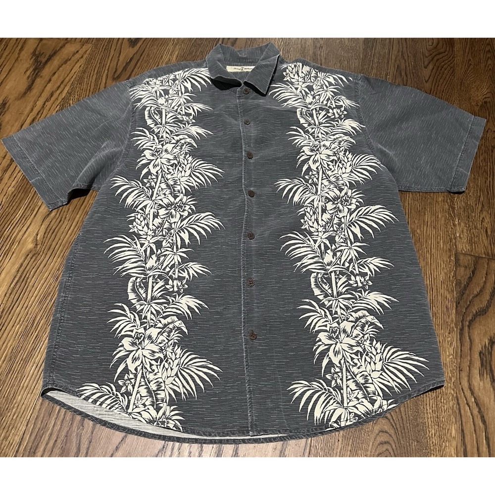 Tommy Bahama‎ Hawaiian Floral Silk Button Down Camp Shirt Gray Men's Size XL